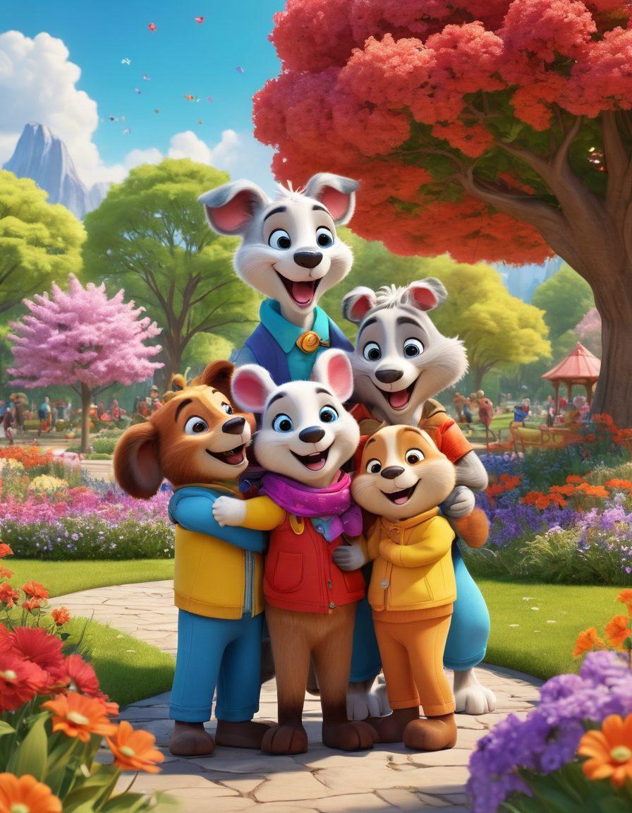 A whimsical and colorful scene featuring a diverse group of animated characters sharing joyful moments, such as hugging, laughing, and playing together. The background is a vibrant park filled with blooming flowers and playful animals, symbolizing love and friendship. Emphasize expressive facial features and dynamic poses to capture the essence of affection. Artistic style should be playful and cartoonish. vibrant colors. 3D.